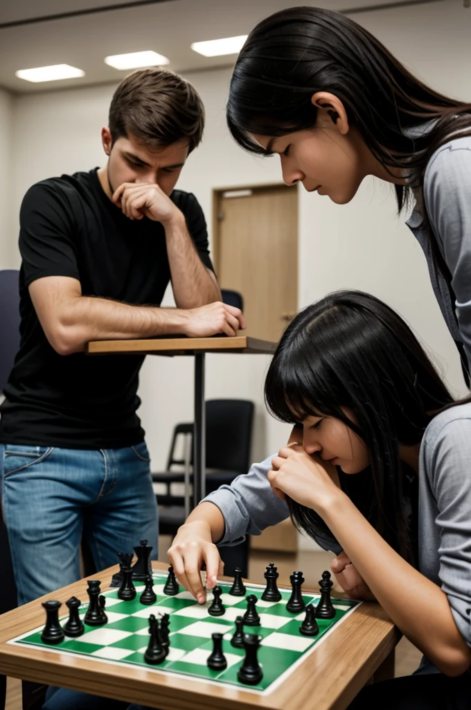Two people sit at a chessboard. One person, sweating profusely and hunched over the board, contemplates their next move. Their opponent sits calmly across, holding a smartphone and looking bored.