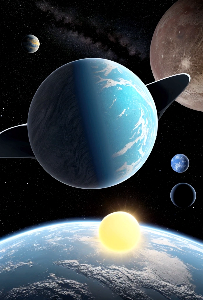 a mirror planet with a little planet inside him and a blue/yellow sky aroud him