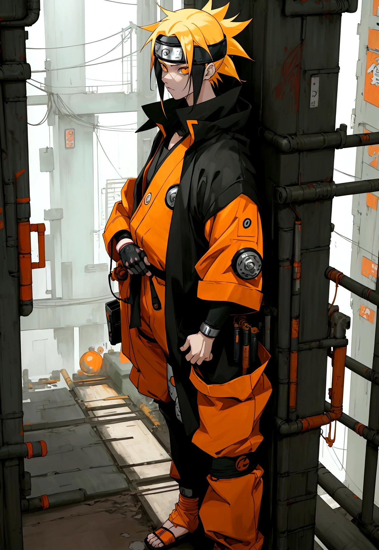 naruto anime wallpaper, naruto wallpaper, in the style of cyberpunk dystopia, light yellow and dark orange, realistic oil paintings, associated press photo, zigzags, cartoon mis-en-scene, gadgetpunk --ar 9:16 --s 750 --niji 5