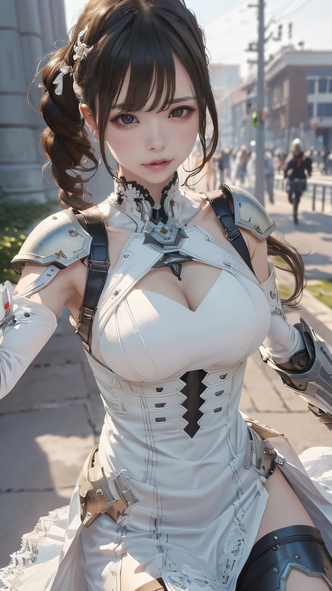 (dynamic fighting pose),(leather boots,(asymmetrical mecha armor),(long embroidered white lace dress,see through,lift up the hem of the dress)),(random hairstyle),(Thin type:1.8),(large breasts),(Highest image quality,(8K), Ultra-realistic, Best Quality, High quality, High Definition, high quality texture, high detailing, Beautiful detailed, fine detailed, extremely details CG, Detailed texture, realistic representation of face, masterpiece, presence)