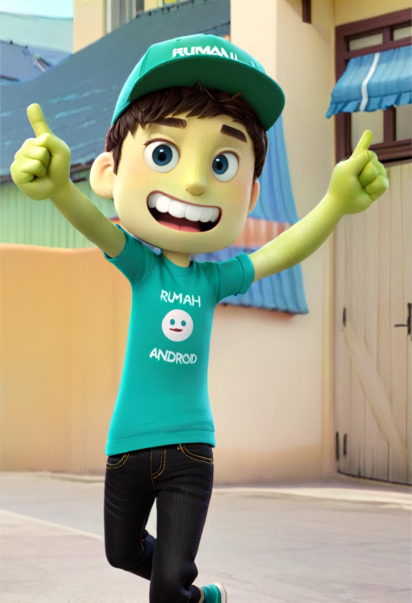 A man with big smile wearing teal green cap, and teal green t-shirt that writed "RUMAH ANDROID", black jeans, black shoes, crossing hand, 3d design character, body gesture happy, hands up jumping