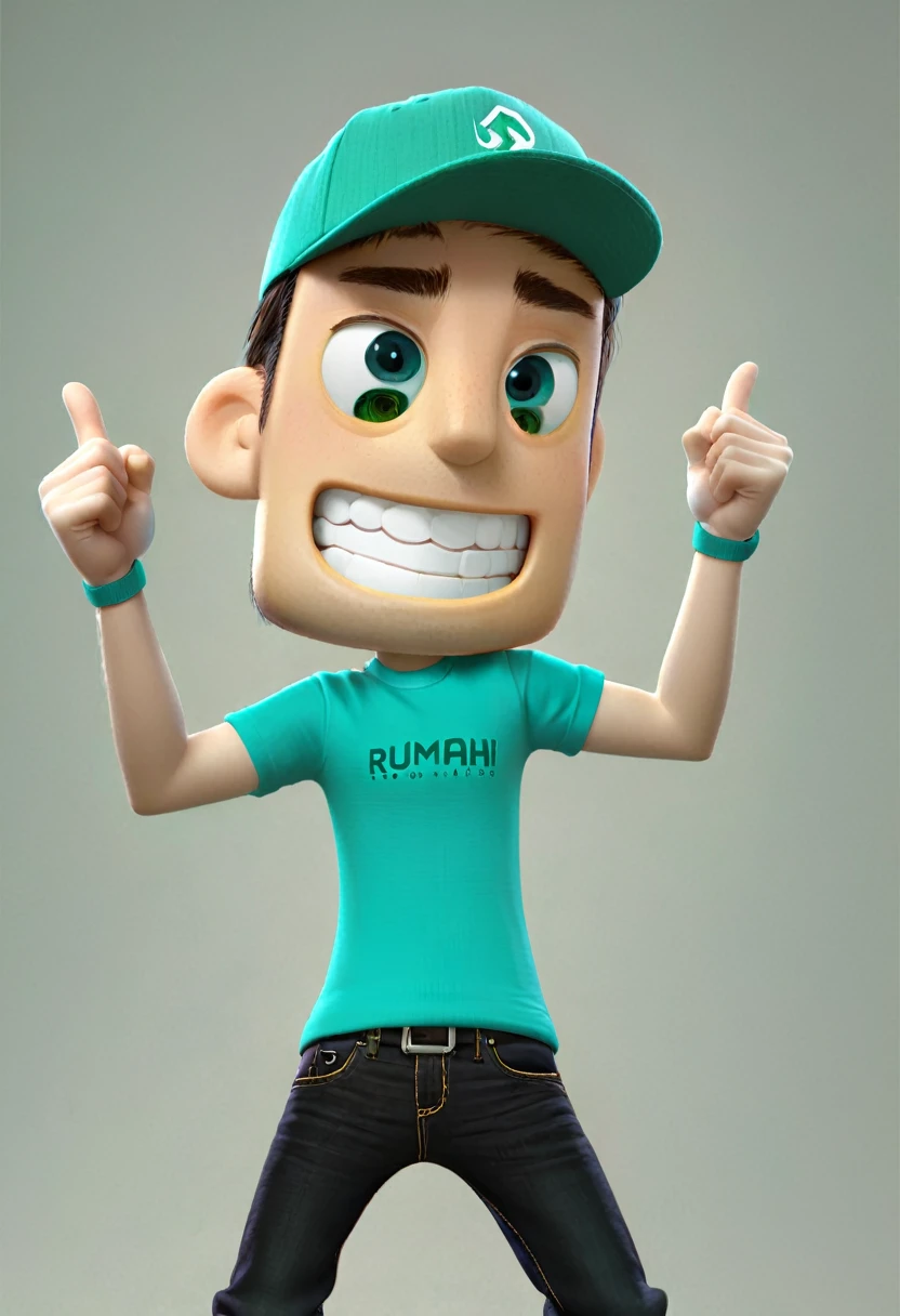 A man with big smile wearing teal green cap, and teal green t-shirt that writed "RUMAH ANDROID", black jeans, black shoes, crossing hand, 3d design character, body gesture happy, hands up jumping
