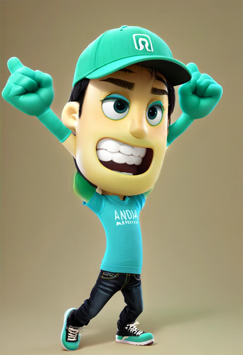 A man with big smile wearing teal green cap, and teal green t-shirt that writed "RUMAH ANDROID", black jeans, black shoes, crossing hand, 3d design character, body gesture happy, hands up jumping