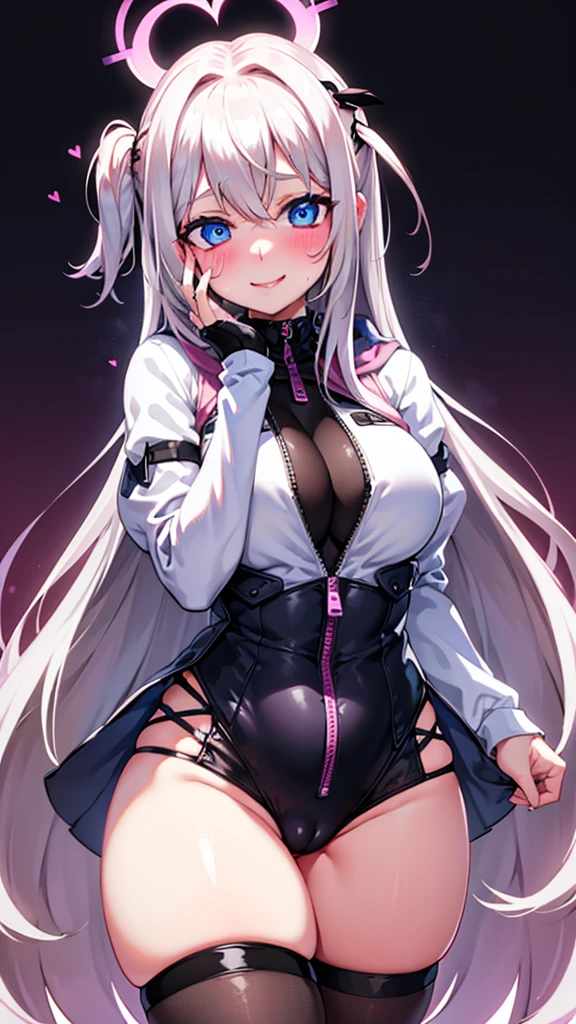 female, female only, seductive. seductive smile, blush, blushing, lusty smile, is horny, lusty expresion, heart pupils, hearts, thick ass, thick thighs, unzipped hoodie, pink hearts, yandere personality, yandere trance, hands on own face, hands on own cheeks, facing viewer, thigh highs, void mask, no face, glowing white eyes, white hair, blue eyes