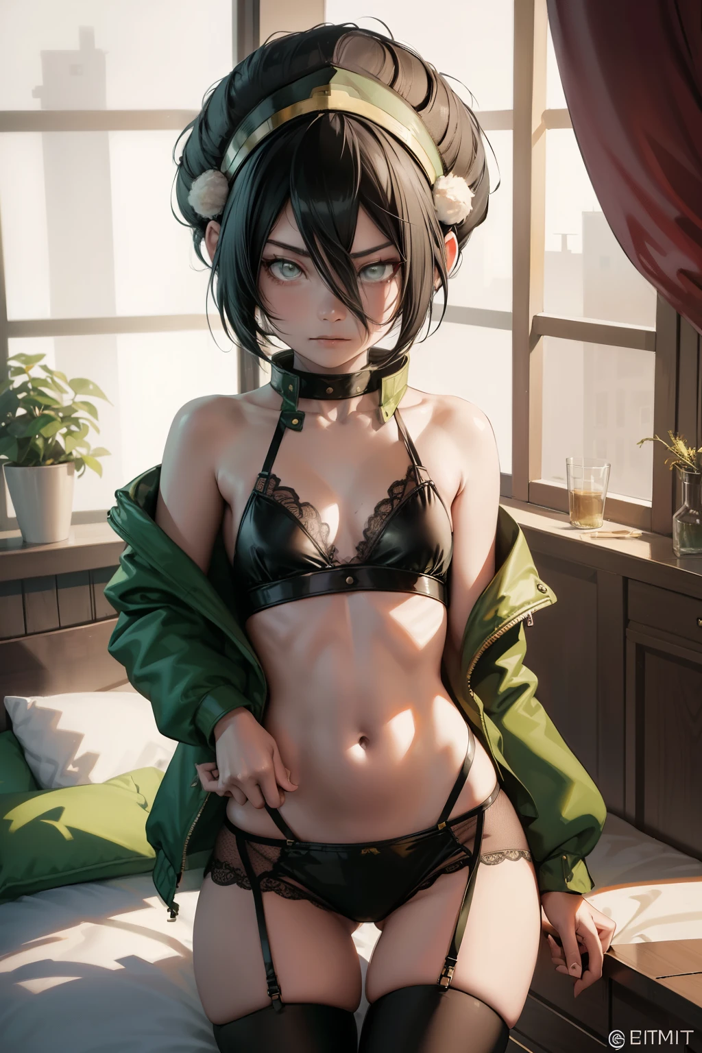 Toph beifong  ,1girl , anime , Black hair,green jaqueta aberta open clothes ,toph beifong , disappointed face , solo , gren jacket, open clothes, bra , flat chest ,shorts ,fishnet thighhighs , looking at viewer , bedroom .