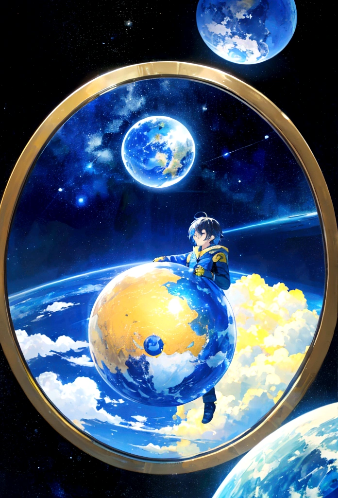 a mirror planet with a little planet inside him and a blue/yellow sky aroud him