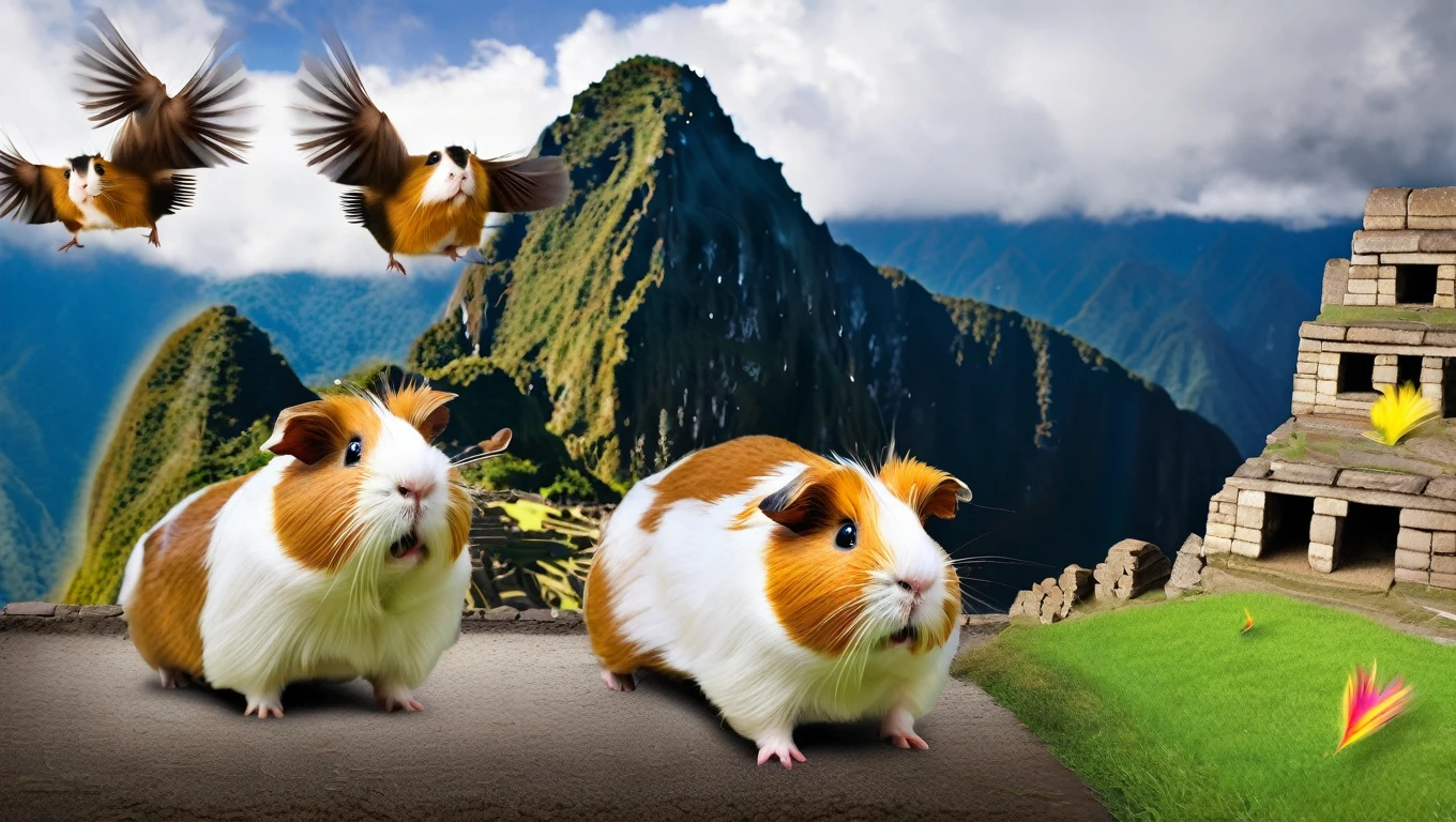 its tornado season, photo of surprised guinea pigs blowing away in the heavy wind of Machu Picchu, flying guinea pigs tumbling in wind, funny, chaotik, award winning masterpiece, hilarious