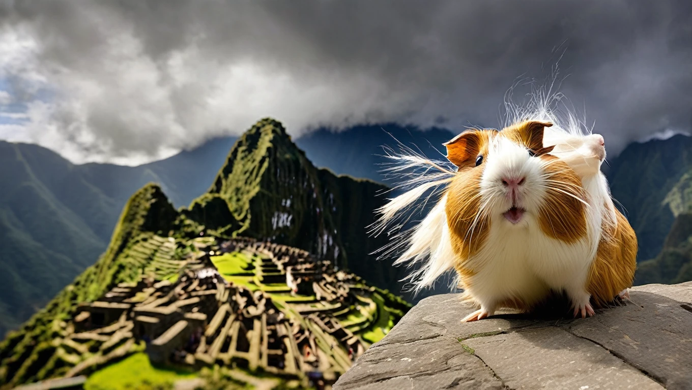its tornado season, photo of surprised guinea pigs blowing away in the heavy wind of Machu Picchu, flying guinea pigs tumbling in wind, funny, chaotik, award winning masterpiece, hilarious