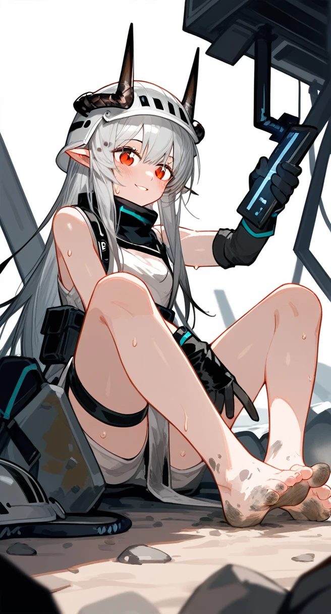 score_9,score_8_superior,score_7_superior,One girl,Mudstone (Arknights),dirty,feet,gloves,Helmet,horn,feet裏,Red eyes,裸feet,Pointed Ears,chest,alone,Long Hair,Gray Hair,black gloves,Toes,Helmet,feetのフォーカス,View your viewers,Sitting,Sweat,Part your lips,dirty feet,Holding,Outdoor,null,bangs,oripathy lesion (Arknights),Day,smile,blush,demon horn,infection monitor (Arknights),Shorthand,sun,
