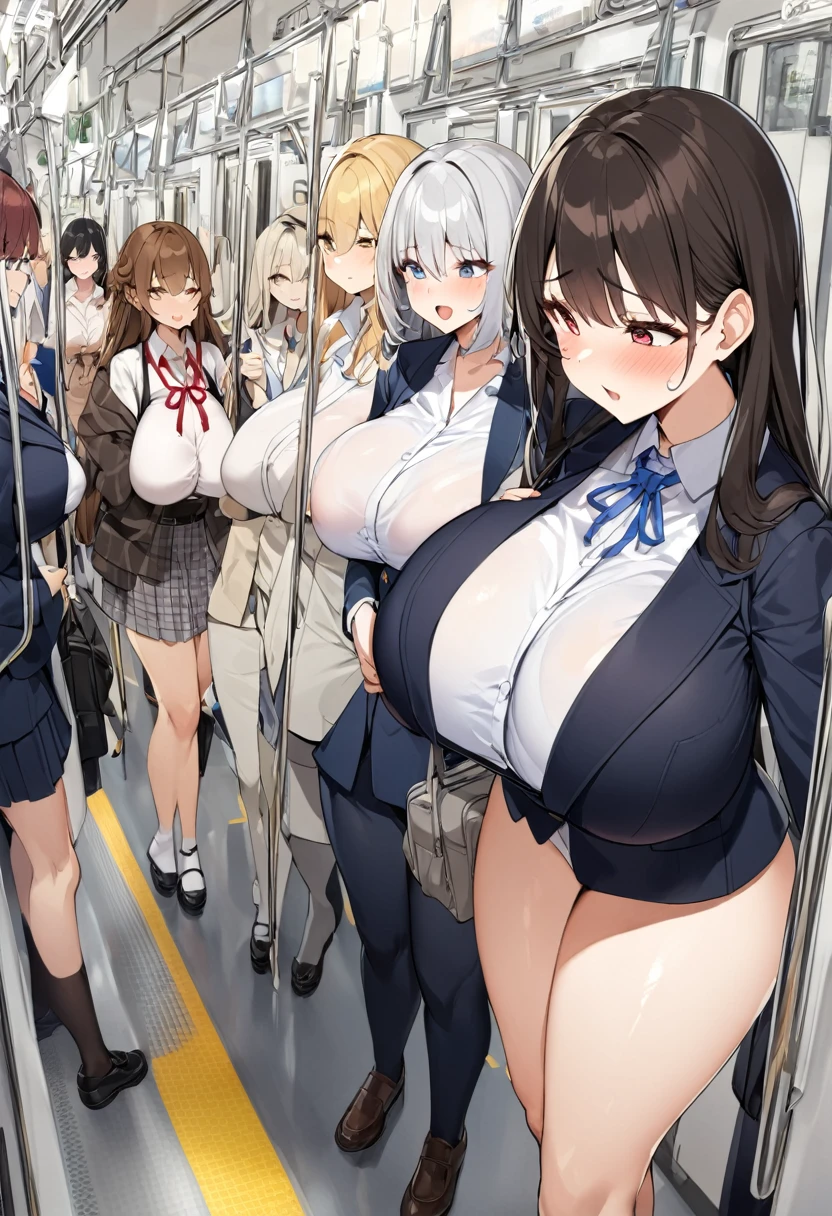 Several women、During commute、Women-only vehicle、Inside a Japanese train、(Huge breasts:1.2、sagging breast:1.2)、Brown Hair、Blonde、Black Hair、Silver Hair、Gal、high school student、OL、