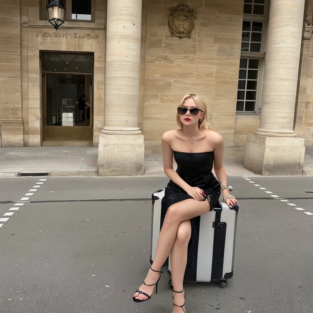 blonde woman sitting on a suitcase outside a building with a building in the background, in Paris, jia, sheath dress, Wearing a black dress, wearing a black camisole outfit, by Emma Andijewska, by Eva Frankfurther, elf eve, wearing black clothes, she is Wearing a black dress, christian dior style, 🤬 🤮 💕 🎀 Roseanne park