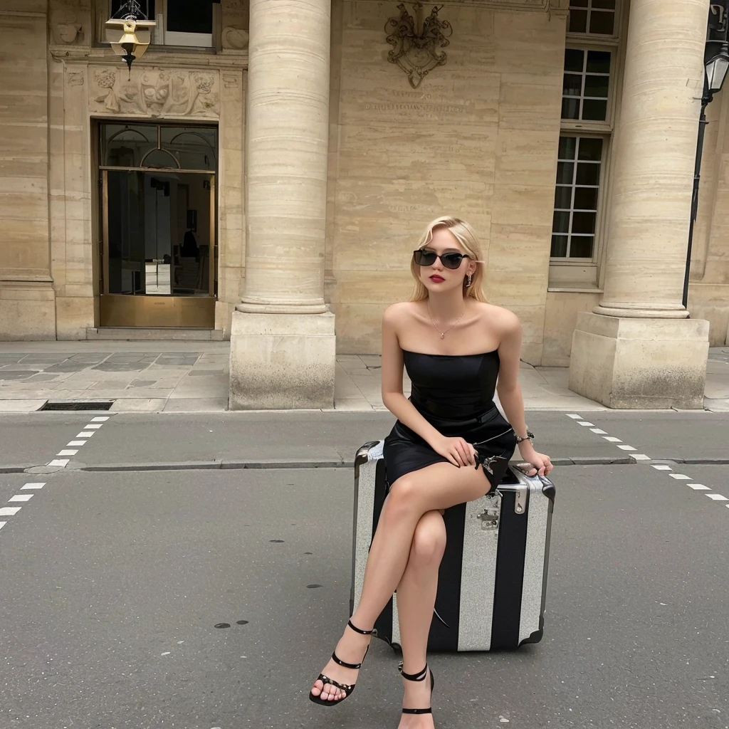 blonde woman sitting on a suitcase outside a building with a building in the background, in Paris, jia, sheath dress, Wearing a black dress, wearing a black camisole outfit, by Emma Andijewska, by Eva Frankfurther, elf eve, wearing black clothes, she is Wearing a black dress, christian dior style, 🤬 🤮 💕 🎀 Roseanne park