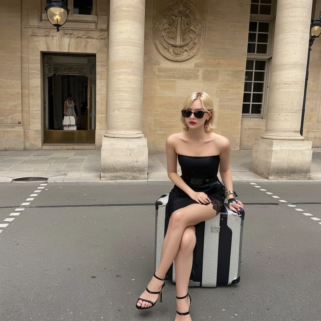 blonde woman sitting on a suitcase outside a building with a building in the background, in Paris, jia, sheath dress, Wearing a black dress, wearing a black camisole outfit, by Emma Andijewska, by Eva Frankfurther, elf eve, wearing black clothes, she is Wearing a black dress, christian dior style, 🤬 🤮 💕 🎀 Roseanne park