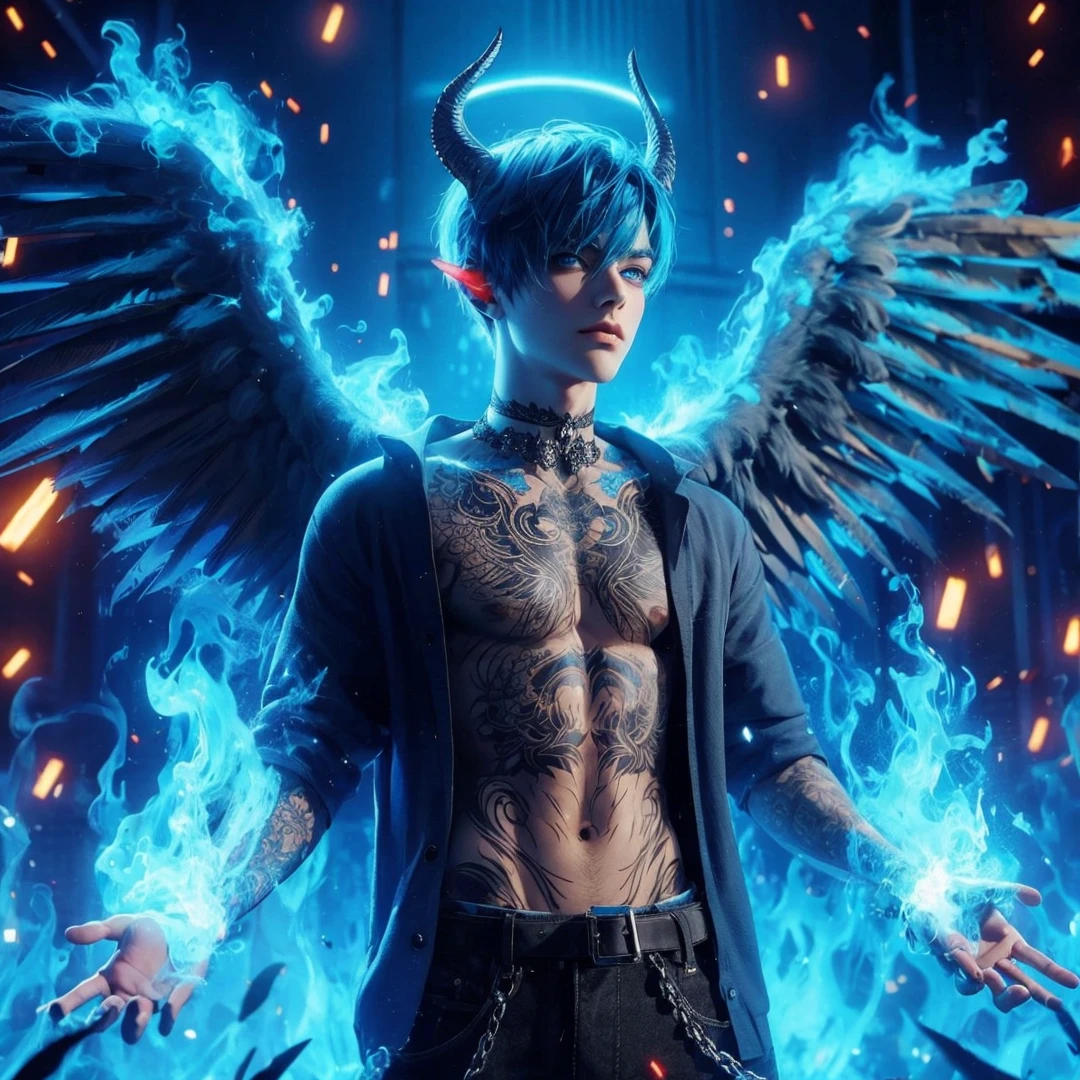 Handsome boy, blue hair, blue eyes, blue wings