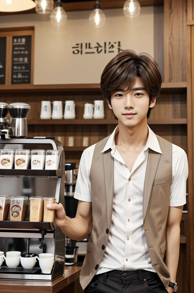 Estilo manga Korean, brown hair boy, big brown eyes, somewhat feminine appearance. He wears a white shirt, grey vest, in a coffee shop, Korean