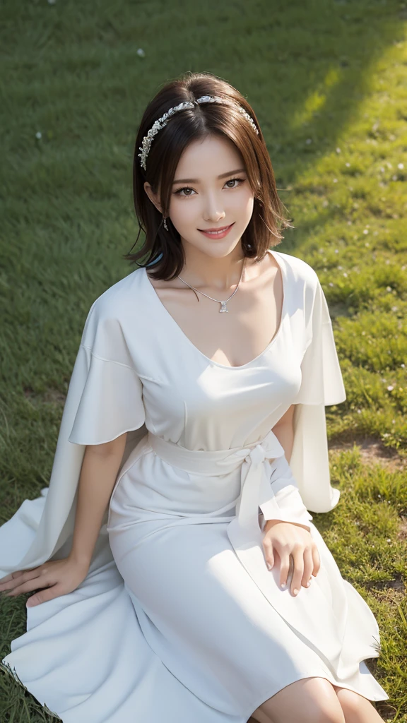masterpiece, Highest quality, I want, necklace, White Robe, Short sleeve, sash, Field, null, View your viewers, From above, Sitting, On the ground, smile, Upper Body, hands in heart