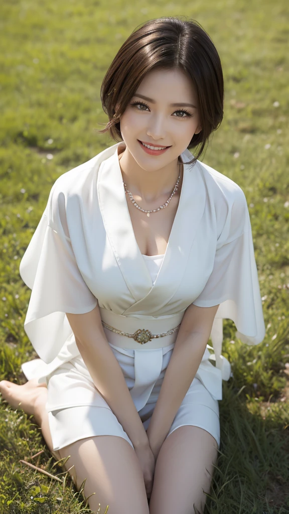 masterpiece, Highest quality, I want, necklace, White Robe, Short sleeve, sash, Field, null, View your viewers, From above, Sitting, On the ground, smile, Upper Body, hands in heart