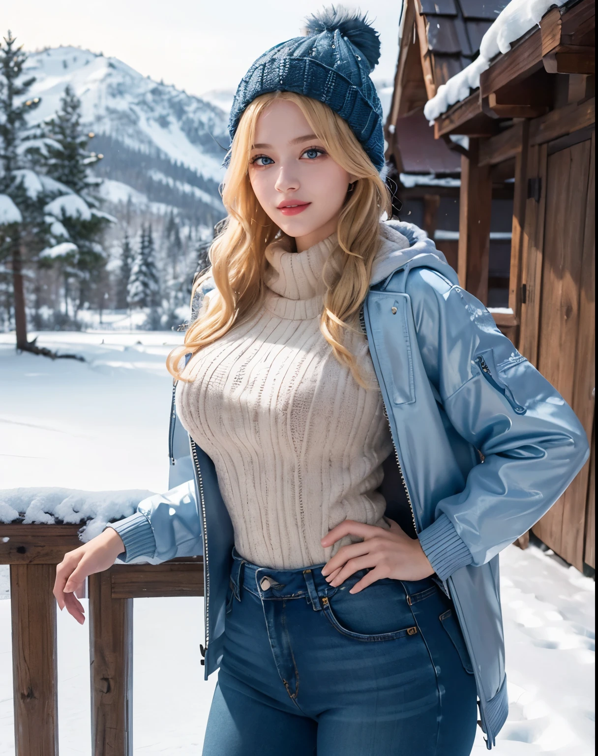 1girl, (Blue Eyes), (smiling :1.2), (Sana Minatozaki), (big tits :1.1), big ass, wide hips, (Best Quality, 8k, Masterpiece: 1.3), Clear Focus: 1.2, Perfect Body Beauty: 1.4, Highly detailed face and skin texture, detailed eyes, double eyelids, (shiny skin :1.2), (blonde long straight hair :1.2), (long sweater :1.2), (Warm winter jacket :1.3), (jeans ajustados), (gorro de lana :1.2), Dynamic standing posture, On a snowy mountain, Nevando, cabin with pine trees in the background