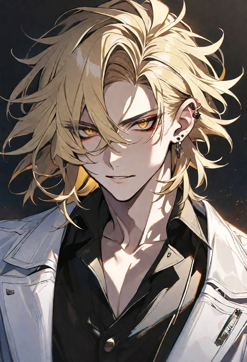 Solo, 1 male, blonde hair, gold eyes, black shirt, white coat, white fur, ear piercing