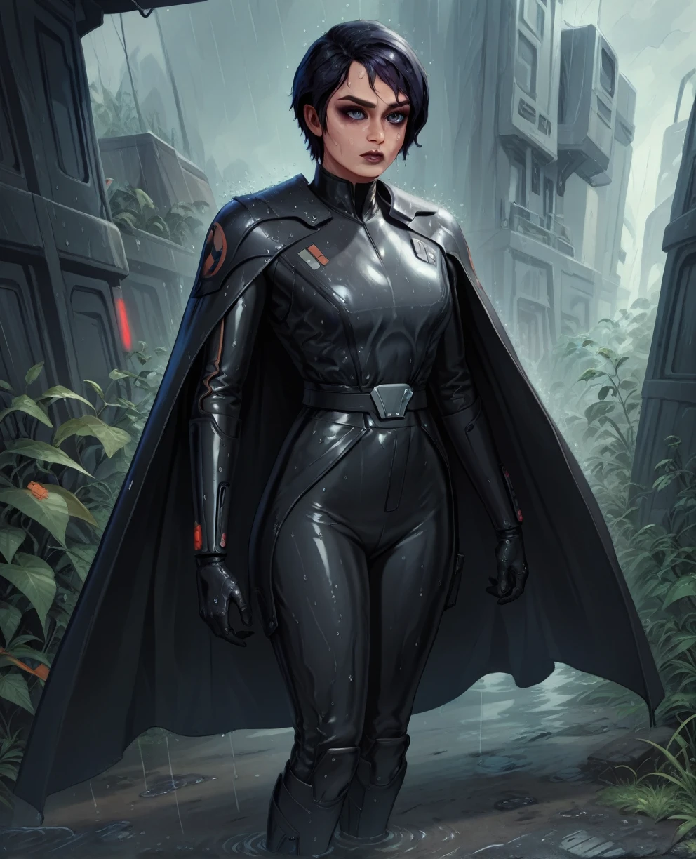 score_9,score_8_up,score_7_up,score_6_up, sabine wren ,,black hair, FULL body, wet, armor,gloves,black bodysuit,black cape,belt,rain, science fiction,sith base, star wars, outdoors, rain, solo,fflixbag wearing armor sabine wren
