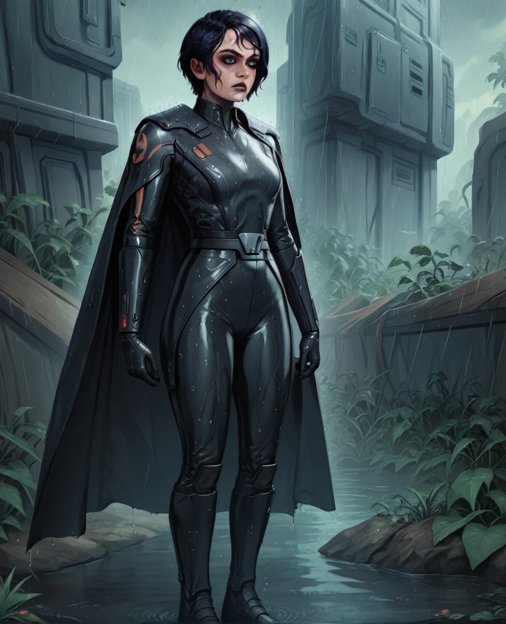 score_9,score_8_up,score_7_up,score_6_up, sabine wren ,,black hair, FULL body, wet, armor,gloves,black bodysuit,black cape,belt,rain, science fiction,sith base, star wars, outdoors, rain, solo,fflixbag wearing armor sabine wren
