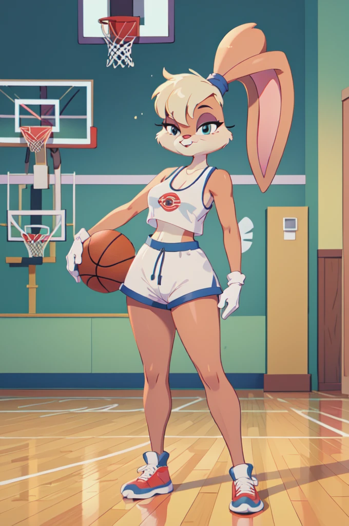 masterpiece, best quality, 1girl, solo, looking at viewer, breasts,  lolabunny, furry, white shorts, white gloves, tank top, sportswear, basketball court, holding basketball, see through clothes