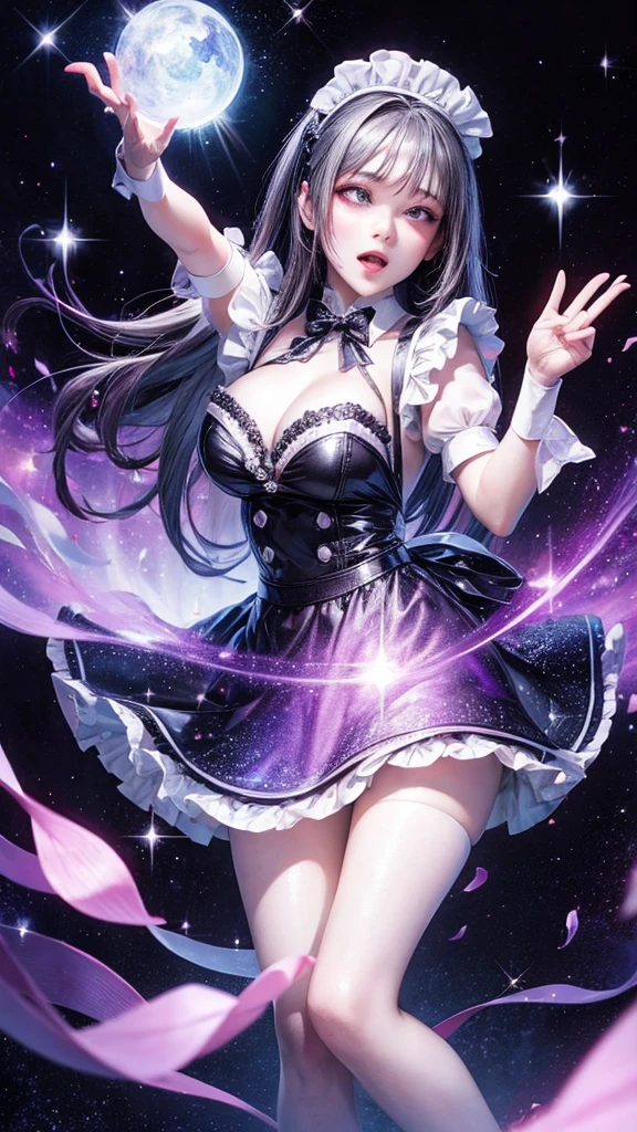 Beautiful maid, fantasy, ethereal, sparkle, black, purple, grey, white