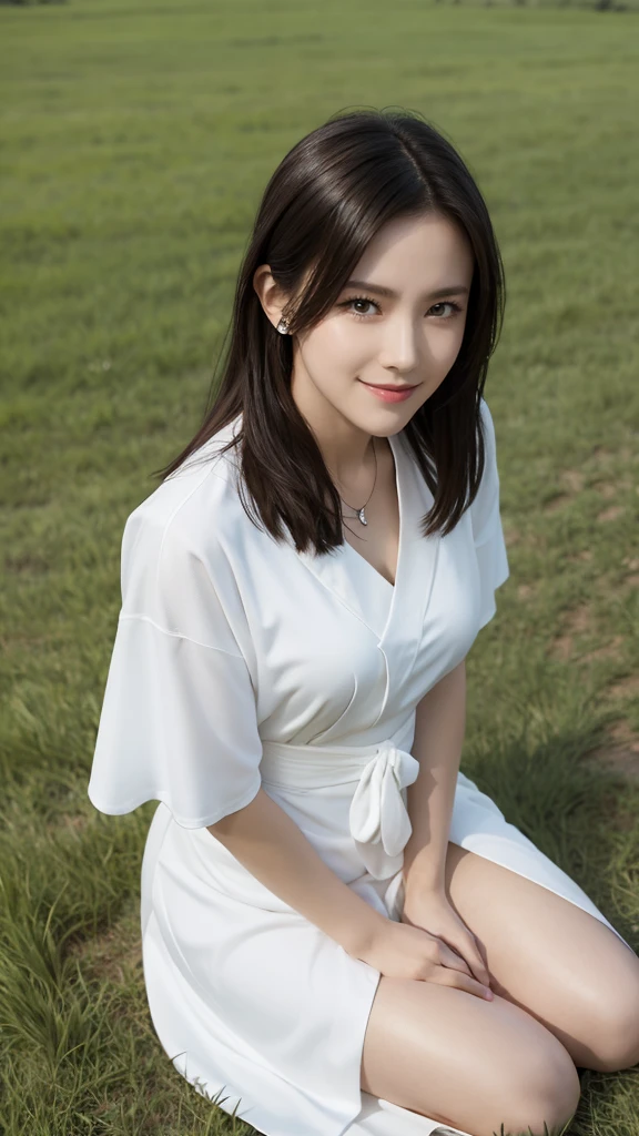 masterpiece, Highest quality, I want, necklace, White Robe, Short sleeve, sash, Field, null, View your viewers, From above, Sitting, On the ground, smile, Upper Body, hands in heart