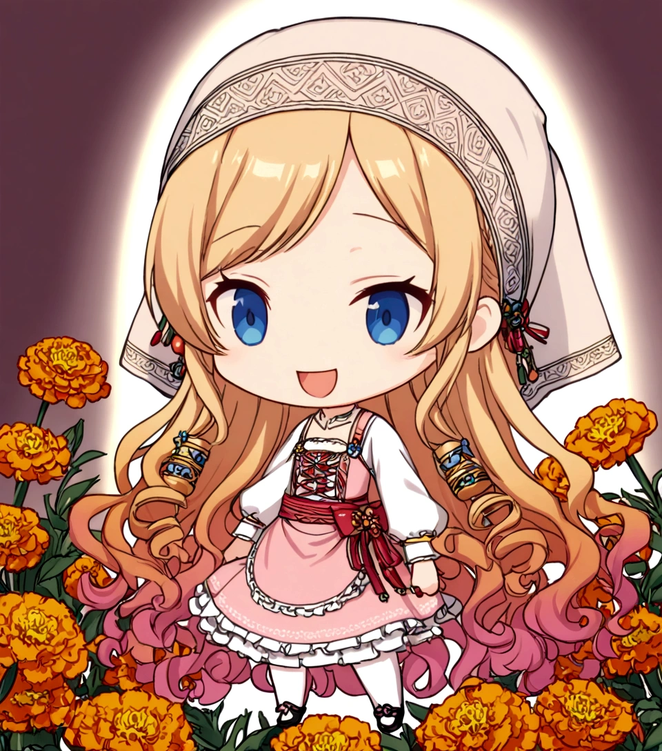 golden orange hair, gradient hair, very long hair, swept bangs, sidelocks, curly hair, wavy hair, (((((head scarf))))), head bandana, pink apron, flower in hair, marigold, orange flower, dirndl, pink dress, pink dirndl, long sleeves, waist apron, white apron, bow on waist, blue bow, , polish clothing, Slavic clothing, Hungarian clothing, anime, cute, flat chest, solo, exaggerated expression, chibi,(((((:3}}}}} smile, open mouth, blue eyes, white stockings, black shoes, full body