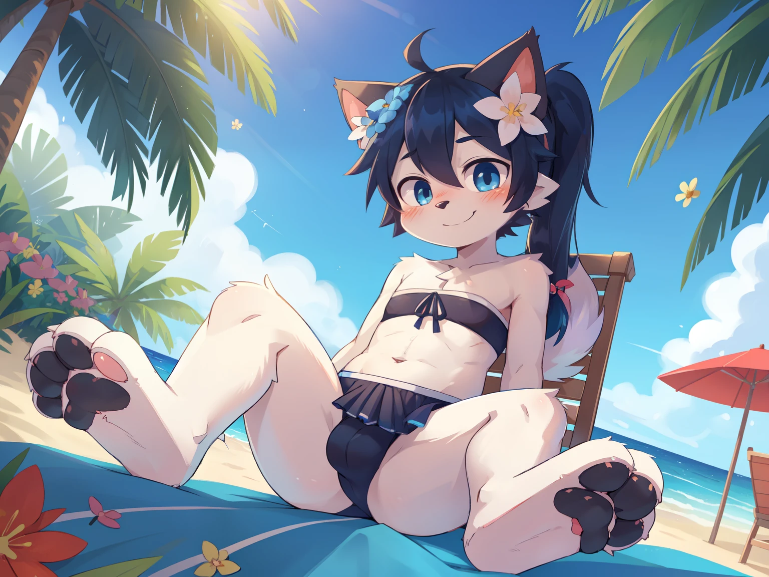 score_9,score_8_up,score_7_up, source_cartoon, source_furry, cat boy, cat tail, dark blue hair, hair over one eye, high long ponytail with volume,spike side hair, furry, blush, looking at viewer, smile, 1boy, cat ears, furry male, white body fur, ((flower on hair, dark blue strapless fringed bandeau bikini)), beach, clear sky, blue eyes, blush, navel, femboy, looking at viewer, sitting on a beach chair, low angle shot, foot focus, feet paws, 3 toes, black paw pads, pink paw pads,