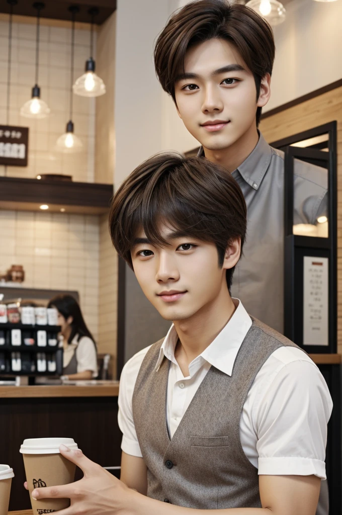 Estilo manga Korean, brown hair boy, big brown eyes, somewhat feminine appearance. He wears a white shirt, grey vest, in a coffee shop, Korean. drawing, manga Korean.