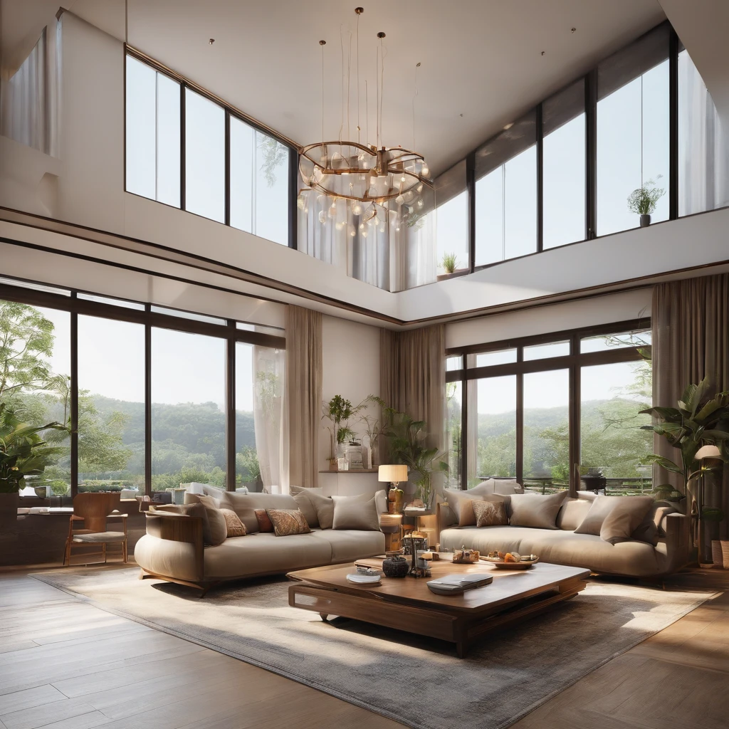 royal. rich, food. panoramic windows. bright. daylight. sun rays. happy home. happy color. delicious home. interior design. modern japanese mix europe style interior happy. bright color happy. ultra detail. realistic. dreamy. high resolution. fresh happy. Interior design、Crazy detailed wide-angle building photos、cozy contemporary living room、award-winning contemporary interior design、Landscapes、a chair、in a house、wooden floor、window、dining room、east asian architecture、Sliding paper doors、buliding、the woods、natural、Cups、A plant、Interior design、depth of fields. royal rich living room. dining. huge floor huge ceiling, perfect cozy room. aesthetic background. perfect anime room