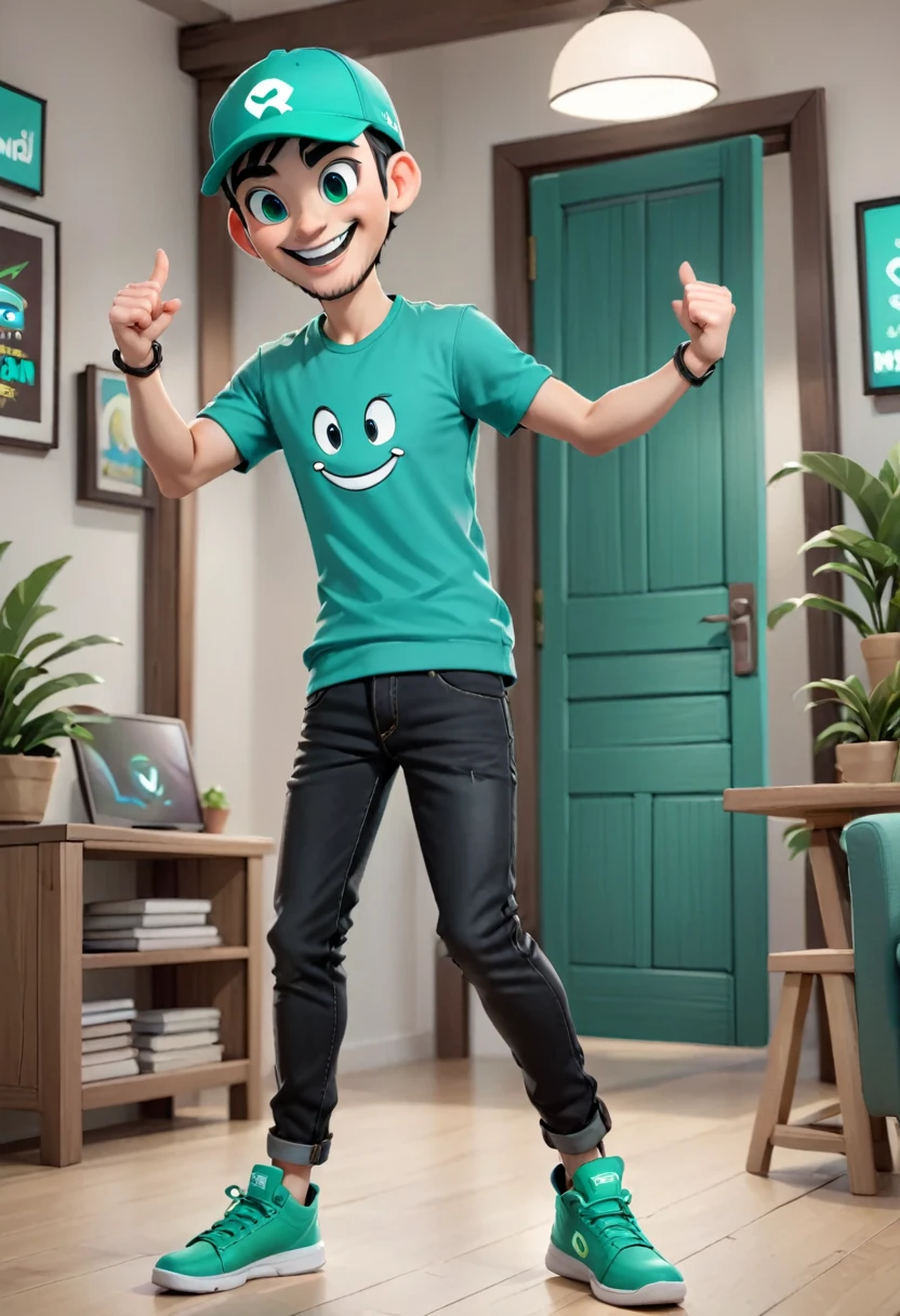 A man with big smile wearing teal green cap, and teal green t-shirt that writed "RUMAH ANDROID", black jeans, black shoes, crossing hand, 3d design character, body gesture happy, hands up jumping