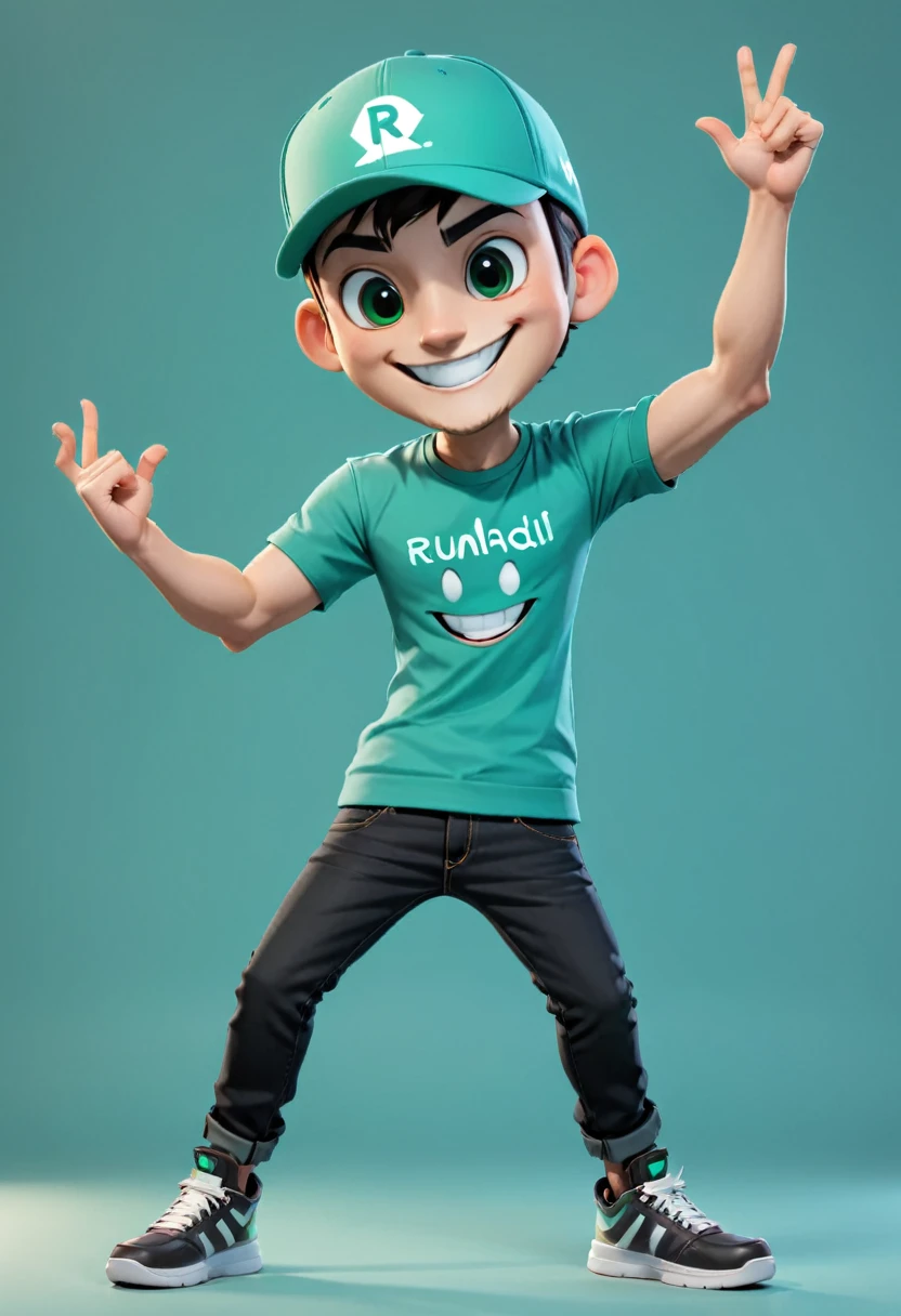 A man with big smile wearing teal green cap, and teal green t-shirt that writed "RUMAH ANDROID", black jeans, black shoes, crossing hand, 3d design character, body gesture happy, hands up jumping