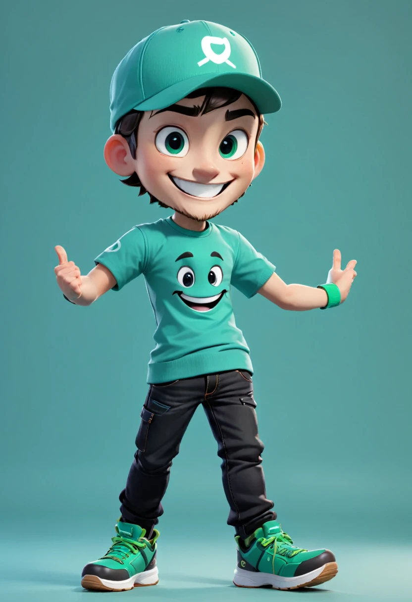 A man with big smile wearing teal green cap, and teal green t-shirt that writed "RUMAH ANDROID", black jeans, black shoes, crossing hand, 3d design character, body gesture happy, hands up jumping