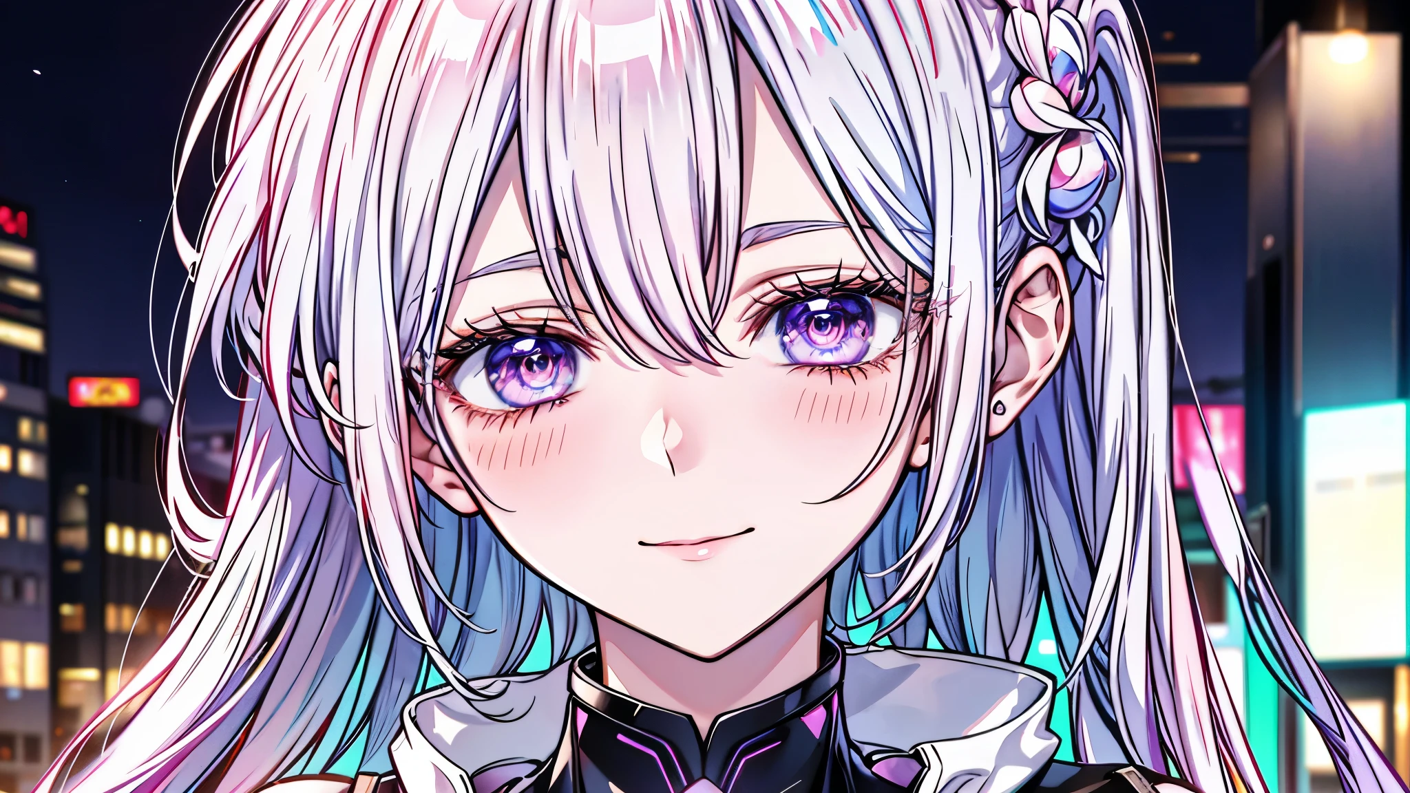 Absurd resolution, High resolution, (masutepiece: 1.4), Hyper-detailing, Silver-haired young woman dressed as technician,Red hue of the eyes、Eyes purple hue blushing、Smiling expression, Blue Neon、Being in the blue cyber digital space