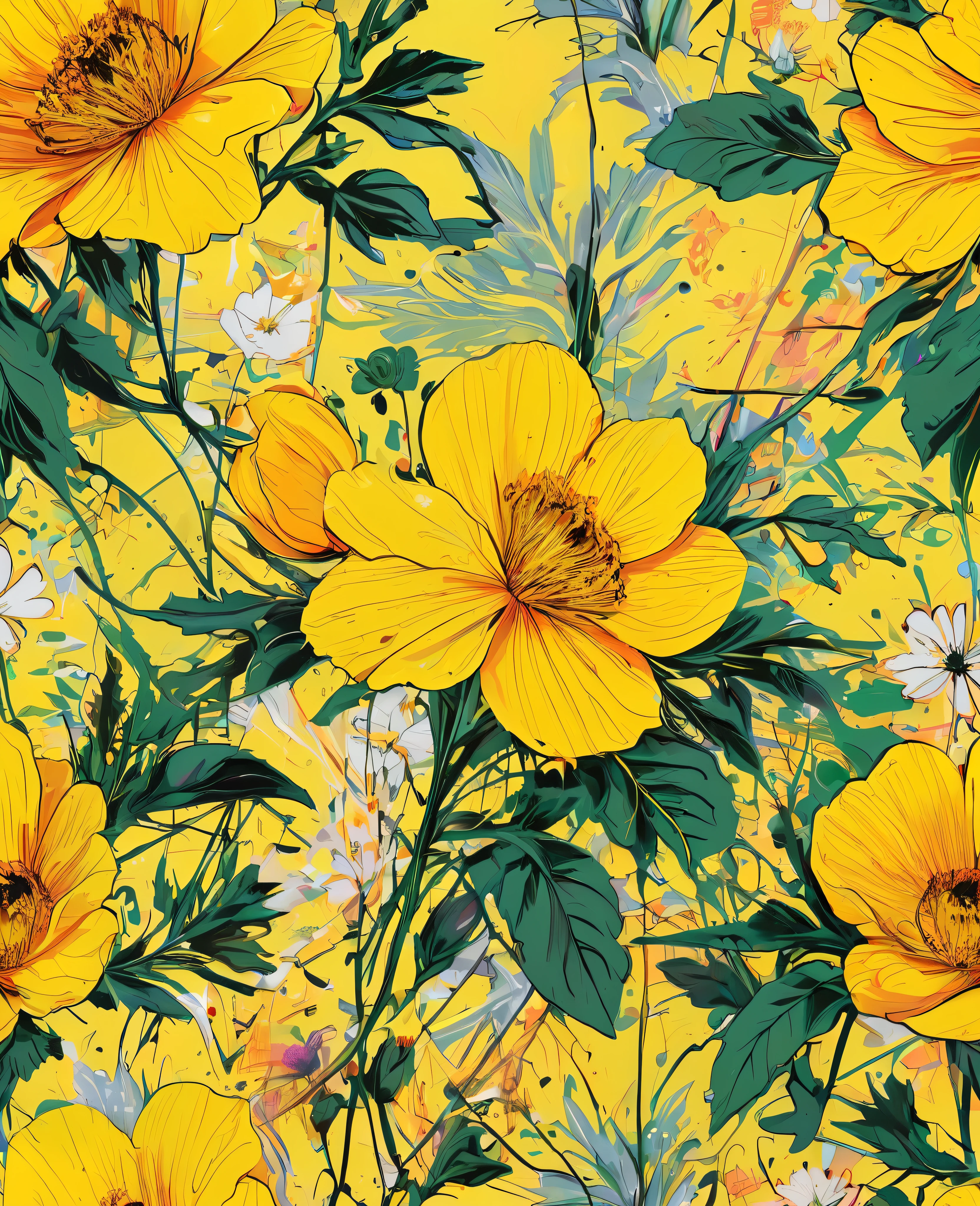 Graffiti, scribble, Comics by Petra Cortright, best quality, masterpiece, yellow flowers artwork, Representative work, official art, Professional, Ultra intricate detailed, 8k, yellow flowers art, colourful background 