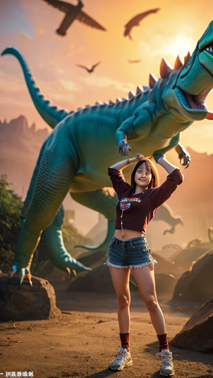 Full body girl lifting up and spinning a heavy giant dinosaur overhead
