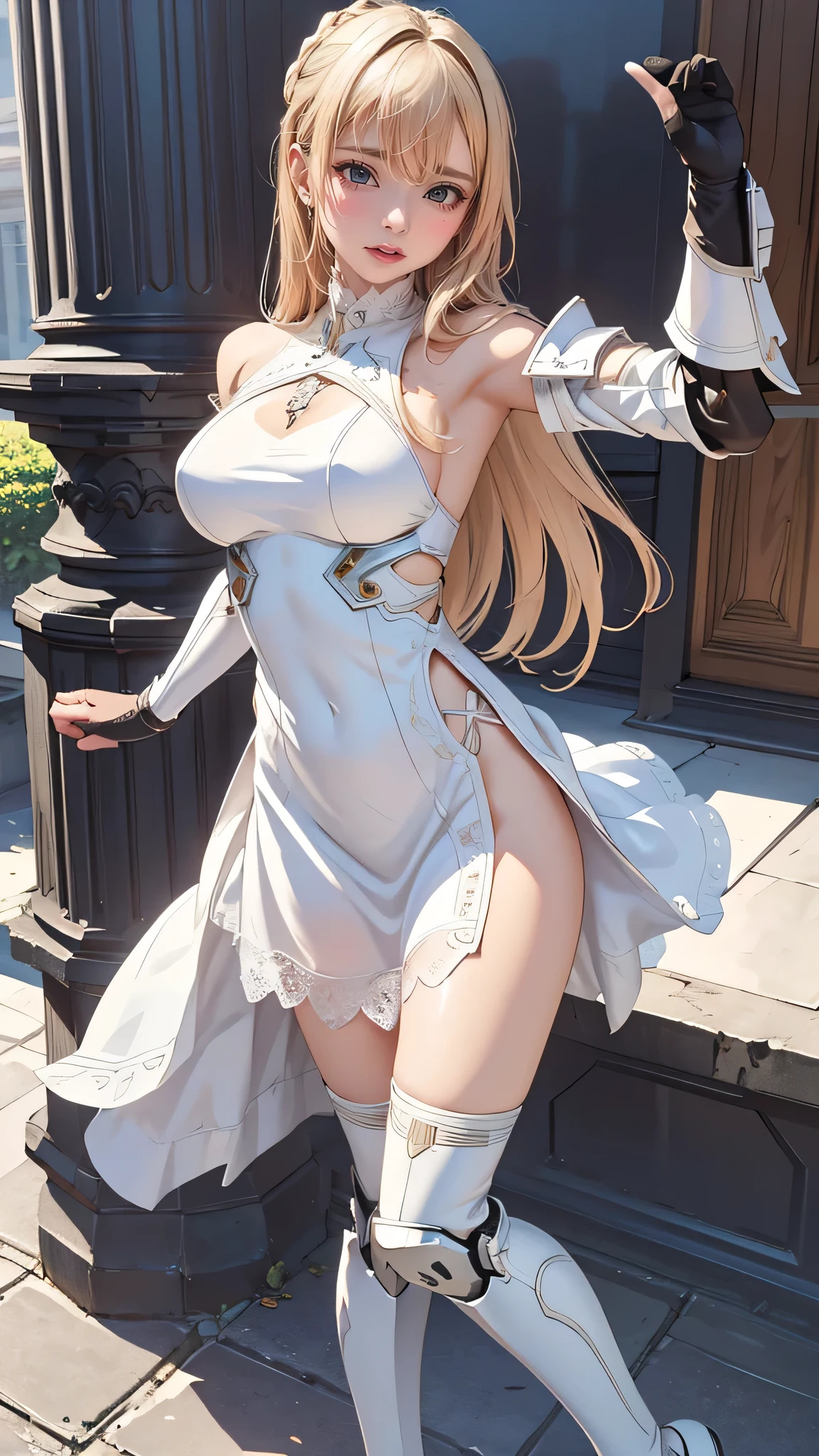 (dynamic fighting pose),(leather boots,(asymmetrical mecha armor),(long embroidered white lace dress,see through,lift up the hem of the dress)),(random hairstyle),(Thin type:1.8),(large breasts),(Highest image quality,(8K), Ultra-realistic, Best Quality, High quality, High Definition, high quality texture, high detailing, Beautiful detailed, fine detailed, extremely details CG, Detailed texture, realistic representation of face, masterpiece, presence)