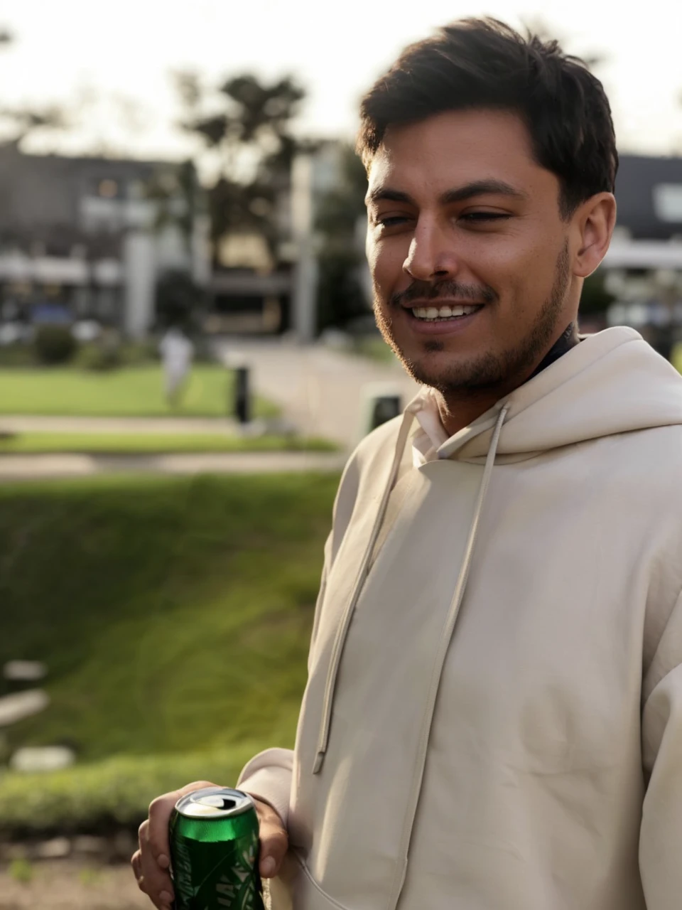 A man in a black blazer at a corporate event. Man with short hair goatee. Talking on the phone. Event with people. Background blurred. Image 8k. Realistic. Man short black hair and goatee