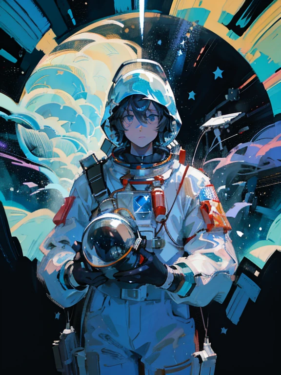 In this illustration, an astronaut is in a weightless state, suspended in the vast universe. He was wearing a silver space suit, his gaze fixed and curious through the glass of his helmet. Surrounded by brilliant stars, the Milky Way flows, comets streak across the sky, and nebulae slowly rotate, together forming a grand picture of the universe. The existence of astronauts symbolizes humanity's endless dreams and exploratory spirit towards the universe,Astronaut, weightless state, universe, stars, Milky Way, spacesuit, helmet, glass, eyes, curiosity, longing, cosmic space, galaxy, comet, light, nebula, dancer, stage, life, melody, dream, exploratory spirit, boundaries