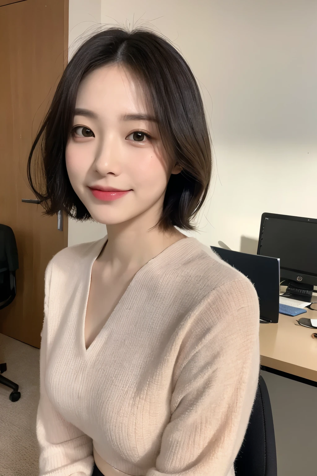 Haruno sakura, ((alone)), alone, E cup breasts,, ((Show your forehead)), smile,Black Hair, (((short hair))), delicate, young, short hair, Detailed face, High resolution, ((whole body)), whole body, she is a beautiful , High quality face, beautiful, Shine,(masterpiece:1.3), High resolution, Very detailed, Very detailedな,Unity 8k wallpaper, Realistic, photo-Realistic, RAW Photos, Beautifully detailed face, Pale skin, Realistic glistening skin, Sitting with their chests together、オフィスの背景を持つyoung女性の半身肖像画。Her face has large, expressive dark eyes.、She has smooth, clear skin and soft pink lips.。she is wearing a white blouse、Create a professional impression。In the background、Part of the office is visible, with documents and computers.。The overall lighting is soft and uniform.、It brings out her natural beauty。The camera angle is slightly pulled back、I made sure her upper body was in the frame.、I'm careful to preserve the details and features of the face.。