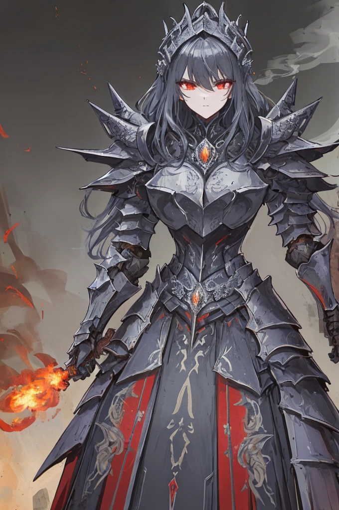 Um imponente cavaleiro esqueleto vestido com armaduras empunhando um enorme machado de batalha. The intricate details of the armor add to its striking appearance. The background is full of smoke. This high-quality image captures the essence of a heavily armored knight, perfect for projects that require a sense of power and determination.