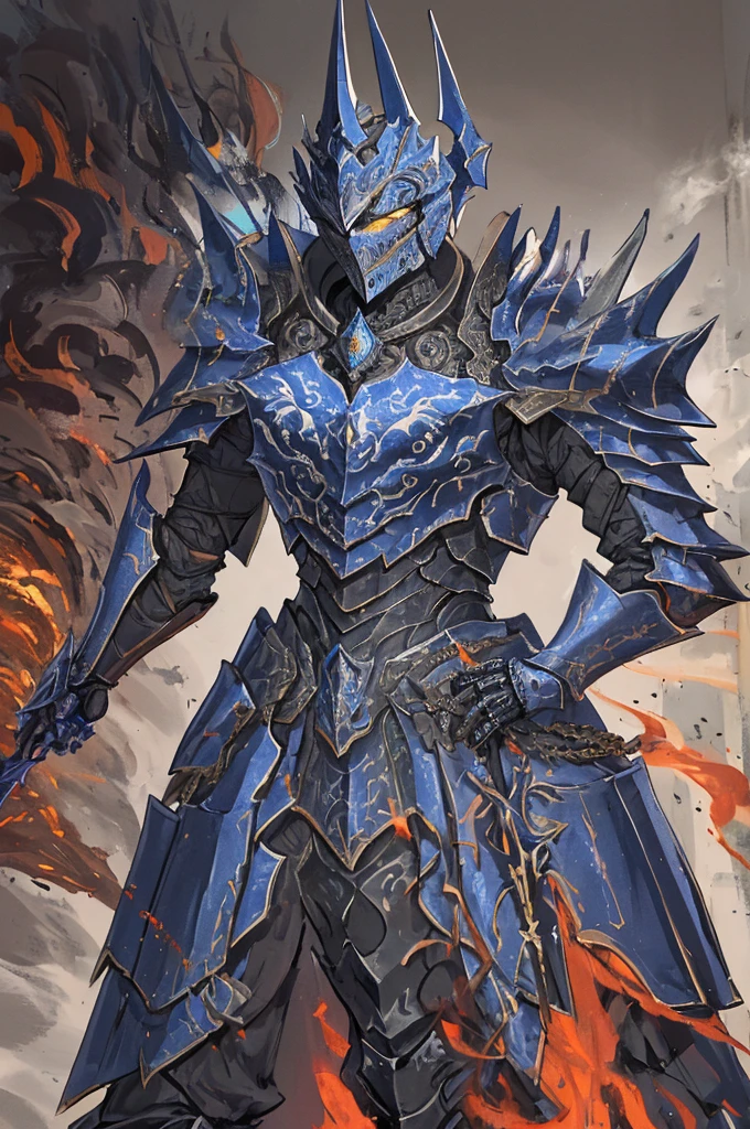 Um imponente cavaleiro esqueleto vestido com armaduras empunhando um enorme machado de batalha. The intricate details of the armor add to its striking appearance. The background is full of smoke. This high-quality image captures the essence of a heavily armored knight, perfect for projects that require a sense of power and determination.