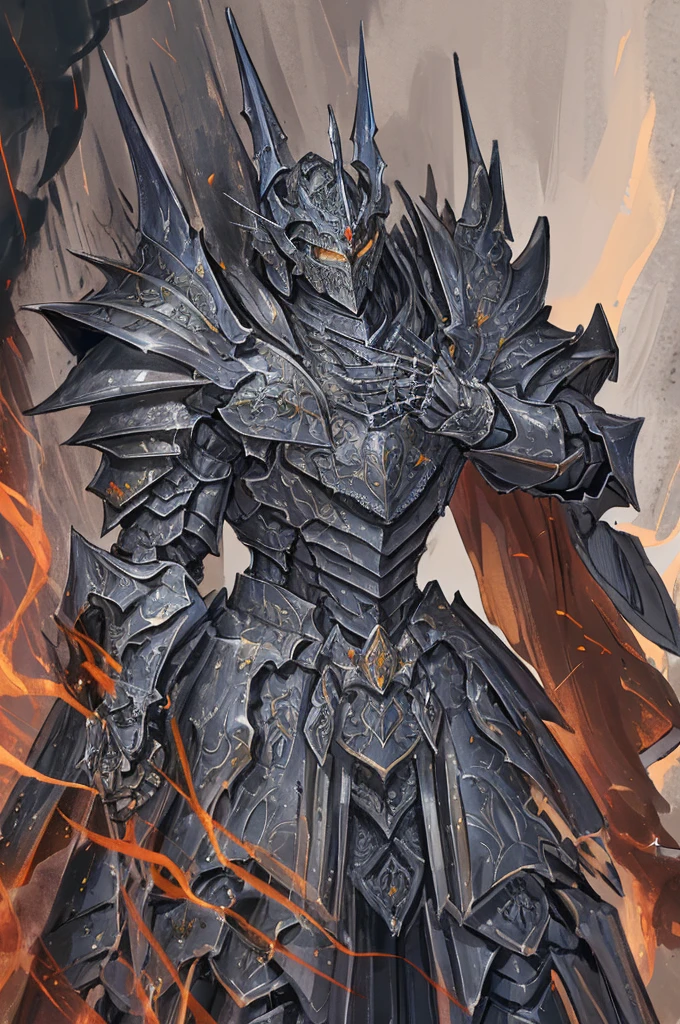 Um imponente cavaleiro esqueleto vestido com armaduras empunhando um enorme machado de batalha. The intricate details of the armor add to its striking appearance. The background is full of smoke. This high-quality image captures the essence of a heavily armored knight, perfect for projects that require a sense of power and determination.
