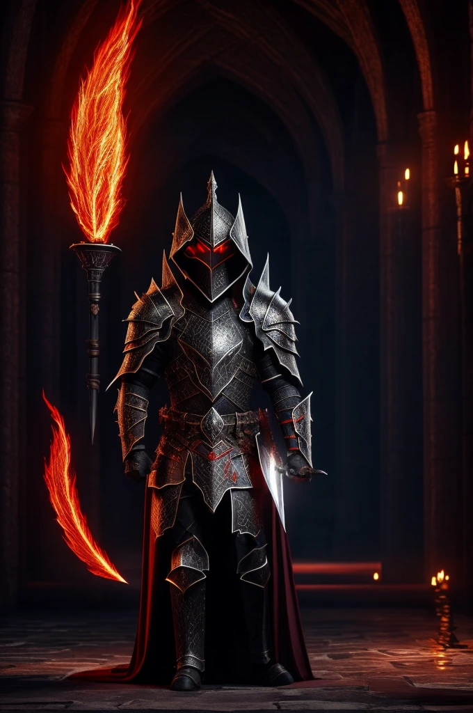 a shadow, red eyes looking like fire, dressed in black armor with dark smoke particles, It has a large shield and spear on its back. in the background a hall of treasures, with chalices and torches illuminating.