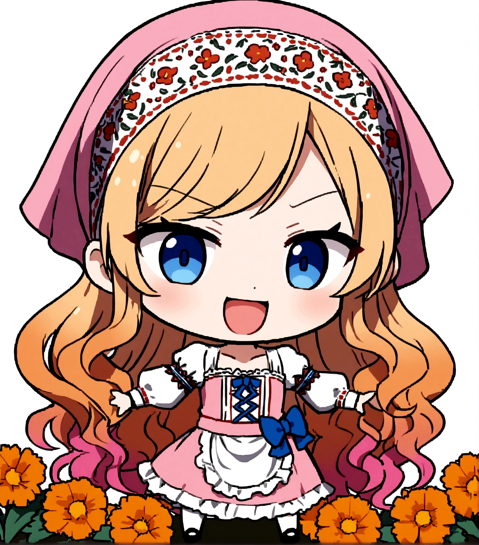golden orange hair, gradient hair, very long hair, swept bangs, sidelocks, curly hair, wavy hair, (((((head scarf))))), head bandana, pink apron, flower in hair, marigold, orange flower, dirndl, pink dress, pink dirndl, long sleeves, waist apron, white apron, bow on waist, blue bow, , polish clothing, Slavic clothing, Hungarian clothing, anime, cute, flat , solo, exaggerated expression, chibi,(((((:3}}}}} smile, open mouth, blue eyes, white stockings, black shoes, full body