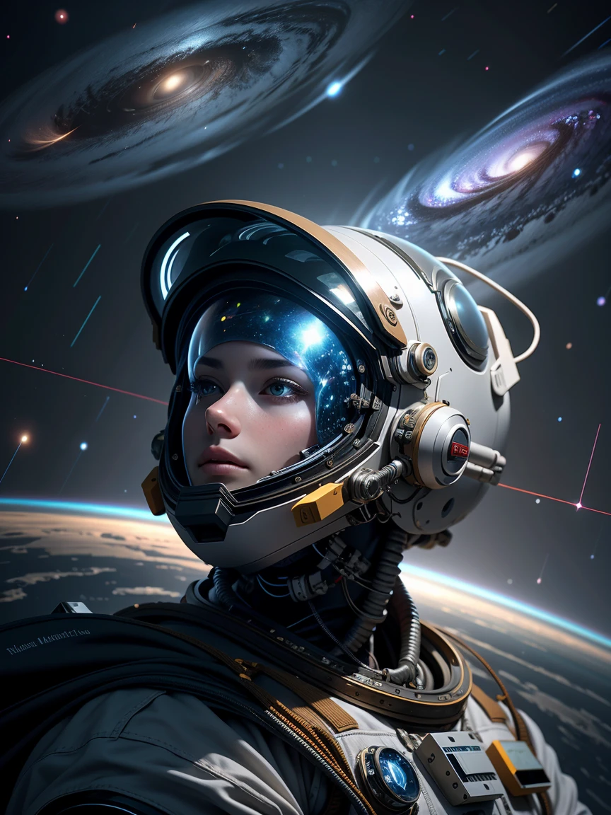 In this illustration, an astronaut is in a weightless state, suspended in the vast universe. He was wearing a silver space suit, his gaze fixed and curious through the glass of his helmet. Surrounded by brilliant stars, the Milky Way flows, comets streak across the sky, and nebulae slowly rotate, together forming a grand picture of the universe. The existence of astronauts symbolizes humanity's endless dreams and exploratory spirit towards the universe,Astronaut, weightless state, universe, stars, Milky Way, spacesuit, helmet, glass, eyes, curiosity, longing, cosmic space, galaxy, comet, light, nebula, dancer, stage, life, melody, dream, exploratory spirit, boundaries