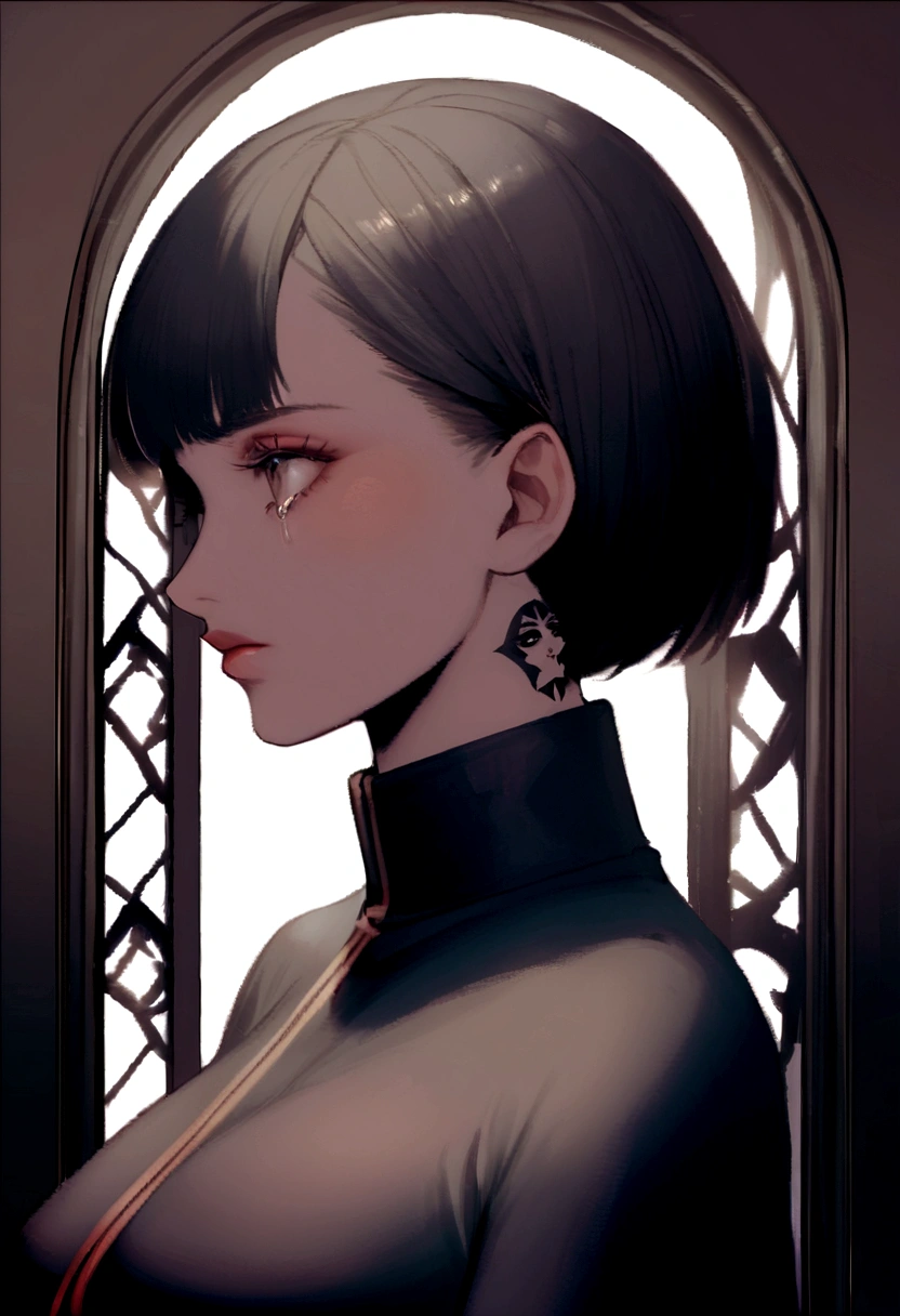 Create a dark-haired woman with short hair and futuristic clothes and she has muscles and tattoos and she's a street fighter and her sister is crying to her.