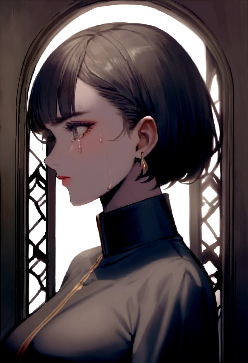 Create a dark-haired woman with short hair and futuristic clothes and she has muscles and tattoos and she's a street fighter and her sister is crying to her.
